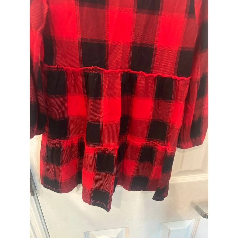 Old Navy Dress Red Black Buffalo Plaid Tiered Ruffle Cotton Holiday Kids XS 5